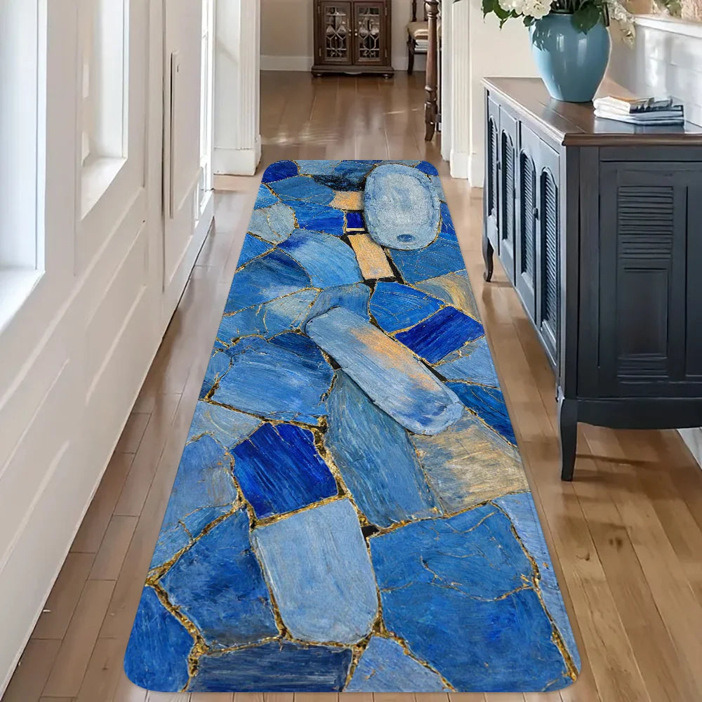 Blue Marble Gold Crack Mosaic Stone Print Runner Rug, Non-Slip Washable Mat for Kitchen Entryway Hallway Modern Minimalist Home
