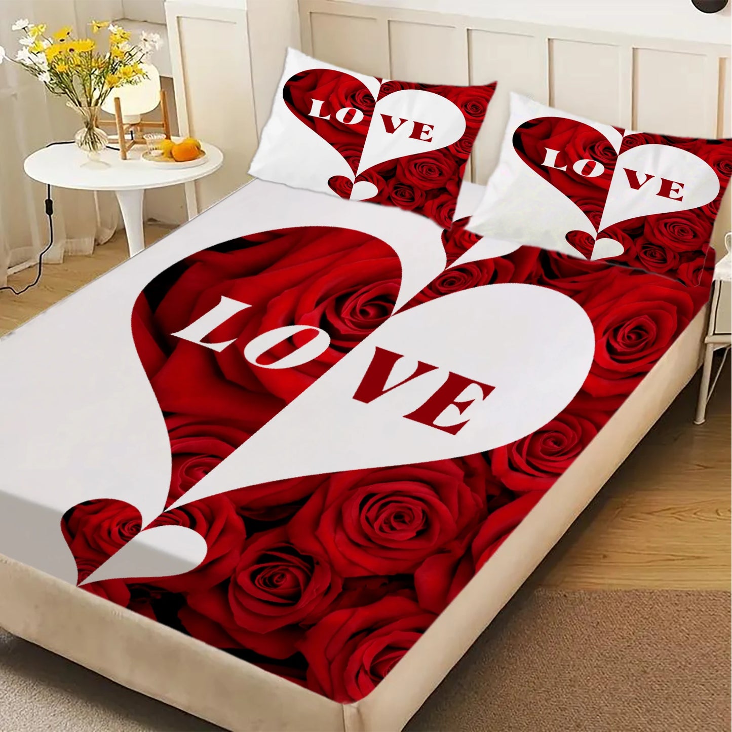 1 Piece Romantic Rose Love Heart Fitted Sheet Red White Soft Microfiber Bedding For Valentines Day Bedroom Decor