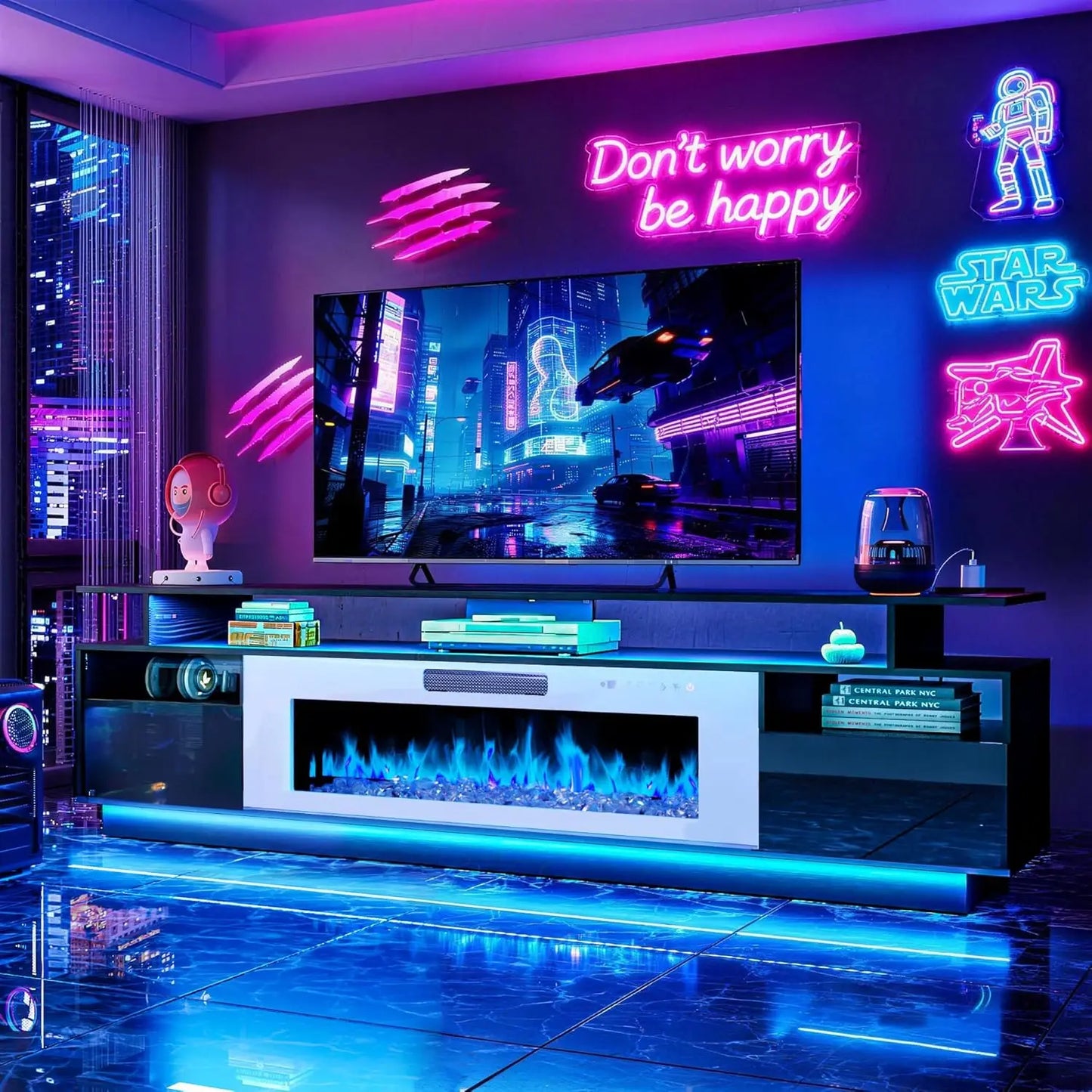 70" Fireplace TV Stand with 36" Electric Fireplace Entertainment Center with Charging Station and LED Light Console, Custom