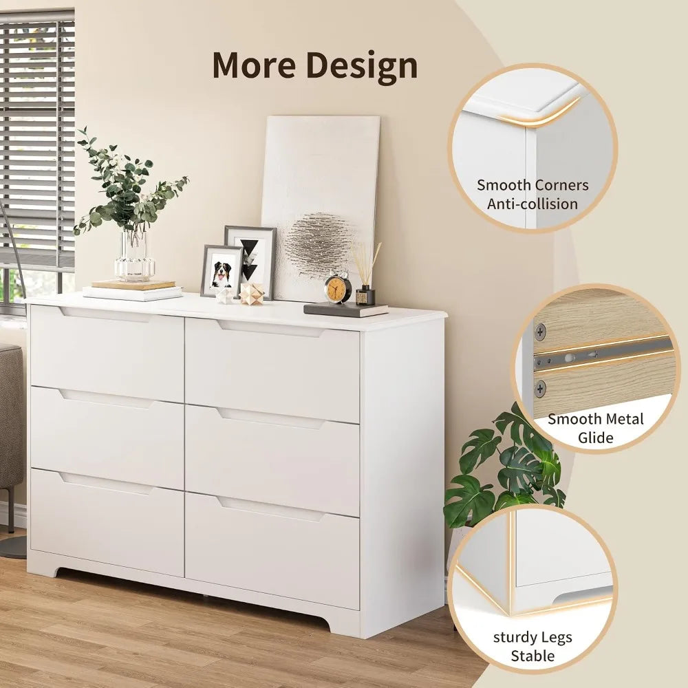 6-Drawer Wooden Double Dresser with Anti-Tip Design for Bedroom, Living Room Storage Organizer