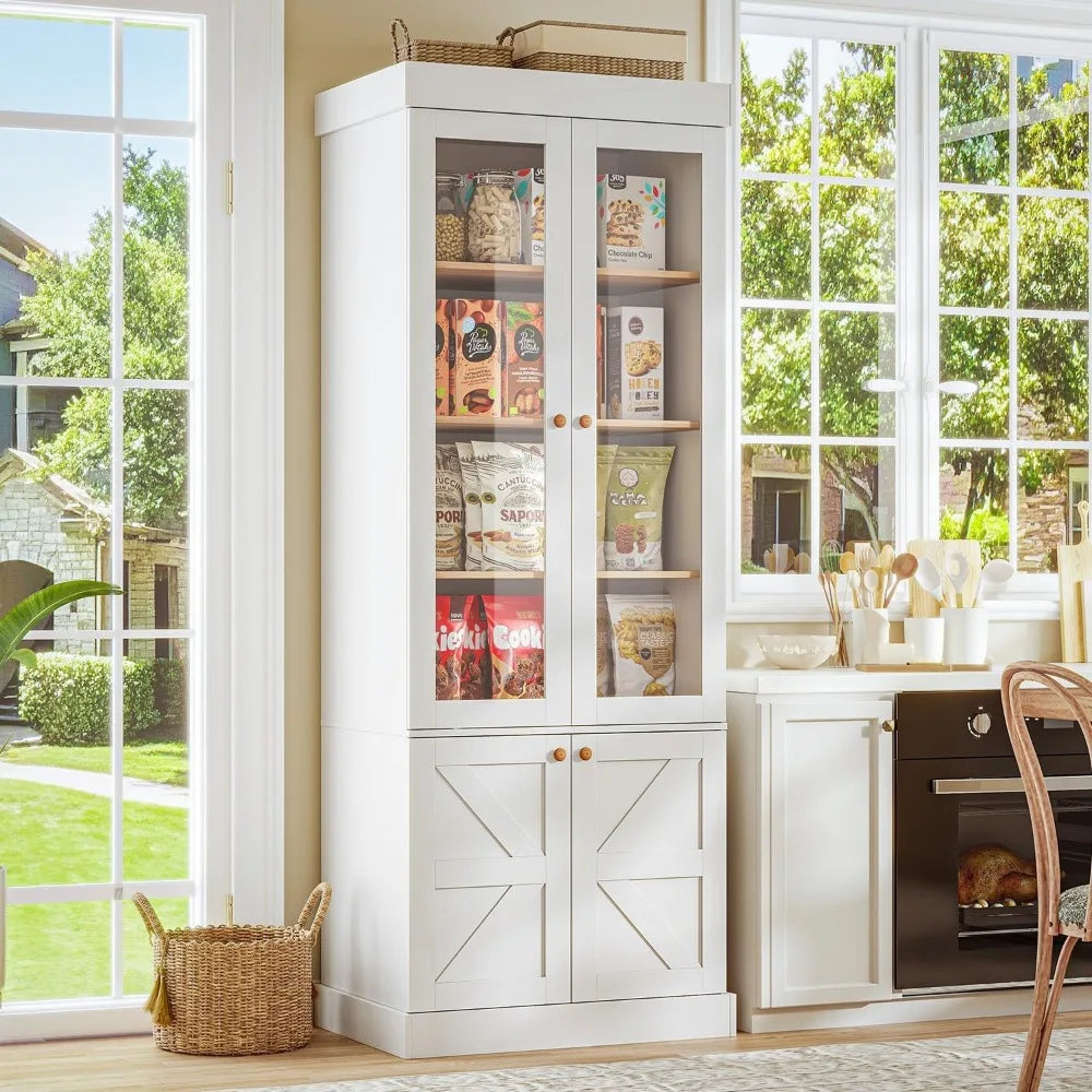 71" high rustic white farmhouse kitchen pantry cabinet with glass doors & adjustable shelves