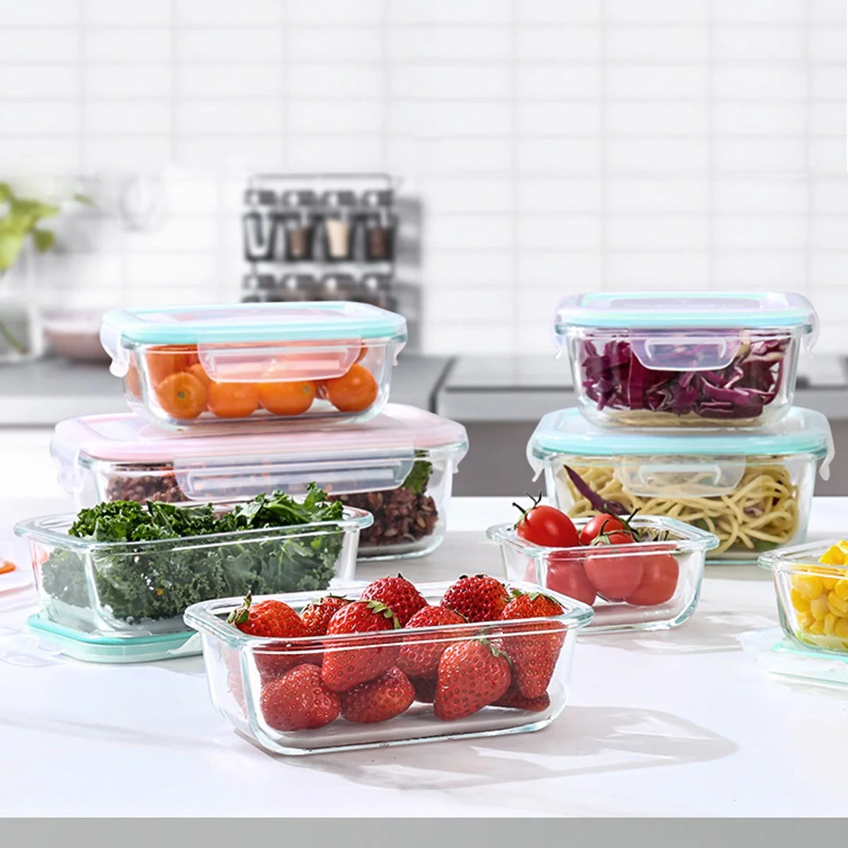 8 Pack Multi-capacity Glass Storage Organizer with Snap Lock Lids, Glass Food Containers Complete with Marker and Label Stickers, Stackable Vessels for Household Dry Food Arrangement, School Lunch Prep and Outdoor Picnic Orga