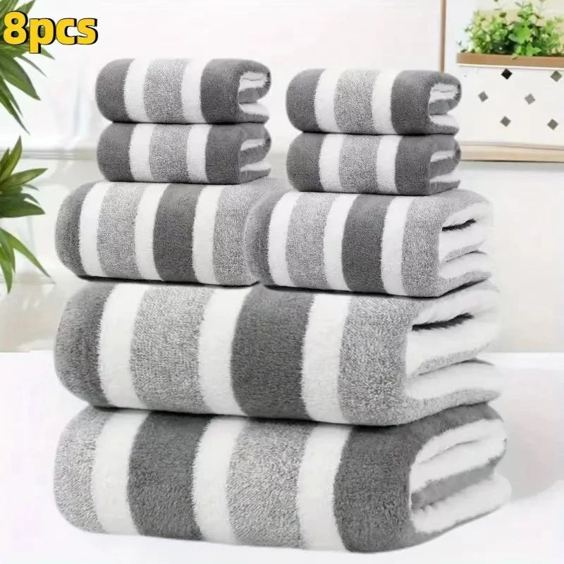 8 Piece Durable Decorative Two Tone Striped Towel Set Ultra Soft Lint Free Breathable Skin Friendly Quick Drying High Absorbency Bathroom Towels for Home Hotel Guest Bathroom 2 Bath 2 Face 4 Hand Towels Included