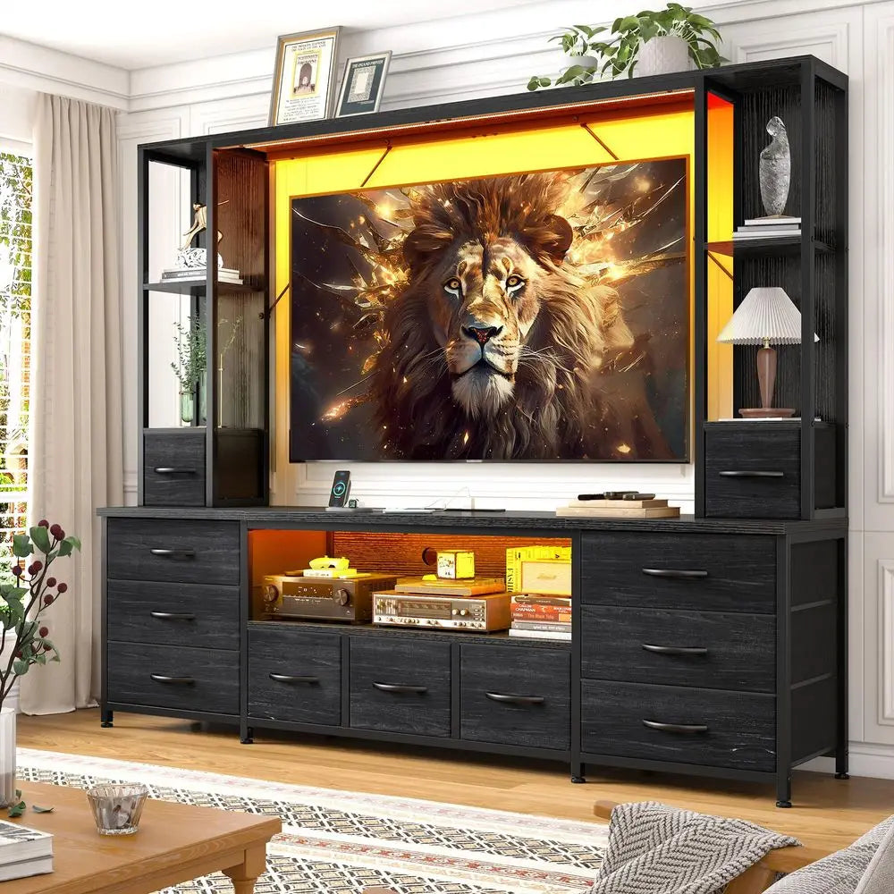 65 TV Stand for Living Room, Large Entertainment Center with 11 Fabric Drawers, 2 LED Lights amp Power Outlets, Modern Dresser