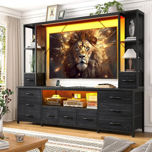 65 TV Stand for Living Room, Large Entertainment Center with 11 Fabric Drawers, 2 LED Lights amp Power Outlets, Modern Dresser