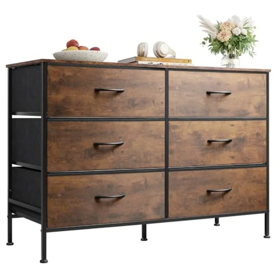 Wide Dresser with 6 Fabric Drawers, TV Stand for 50" TV, Closet Dresser with Metal Frame, Wooden Top, Fabric Dressers for Bedroom