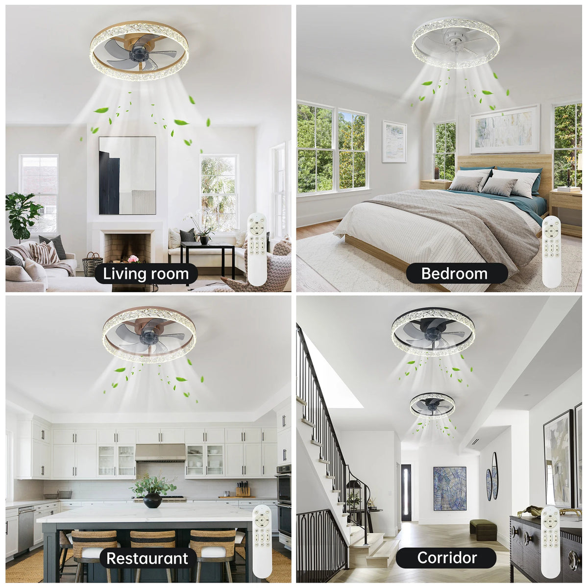Ceiling Fans With Lights And Remote: 19.7" Modern Low Profile Flush Mount LED Ceiling Fan For Bedroom Crystal Bladeless Fandelier For Living Room Kitchen Dimmable DC Motor