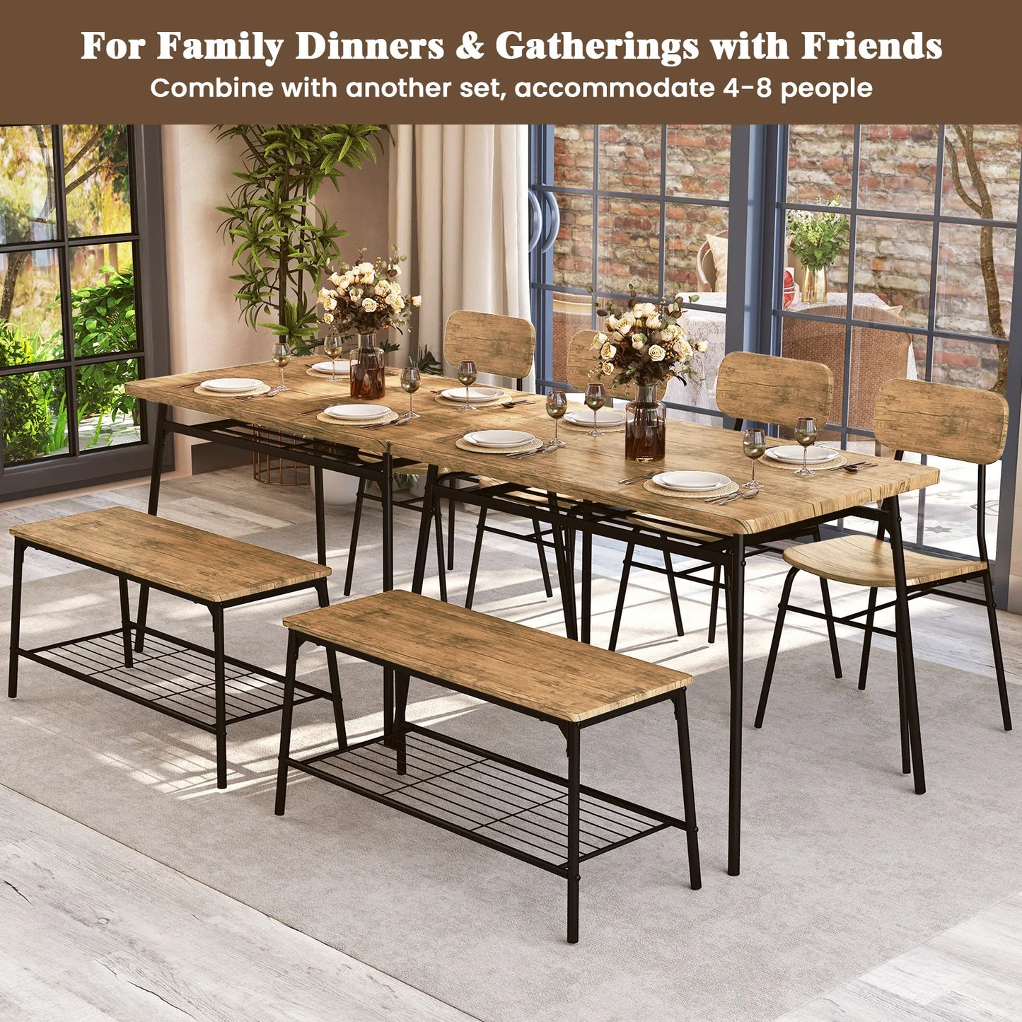 Dining Table Set for 4 Dining Room Kitchen Table w/ Bench 2 Chairs 4-Piece Set