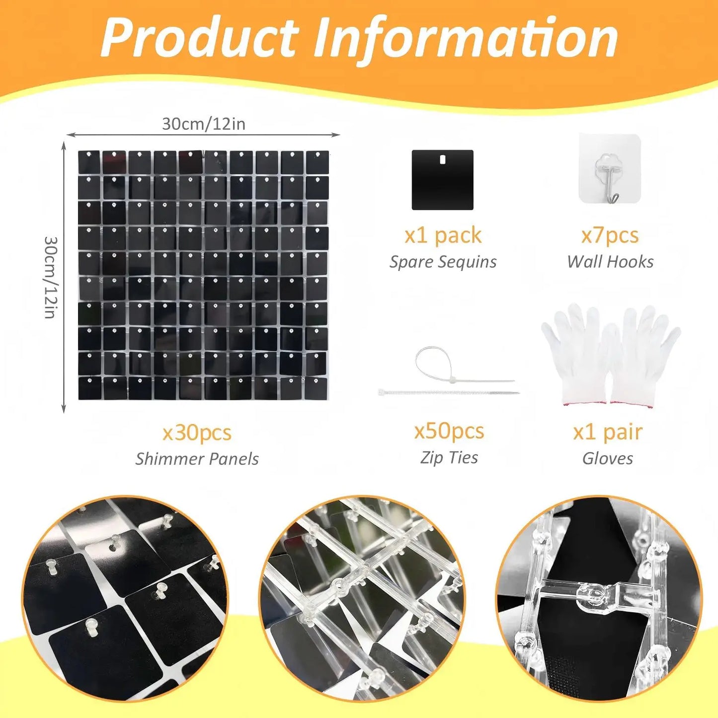 black Shimmer Wall Backdrop Square Sequin Glitter Backdrop Panel,Perfect for ,  Birthday party Halloween and graduation season