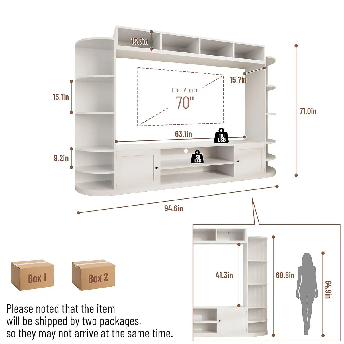 94" Entertainment Center with Bookshelves for TVs up to 70" (White), Customized