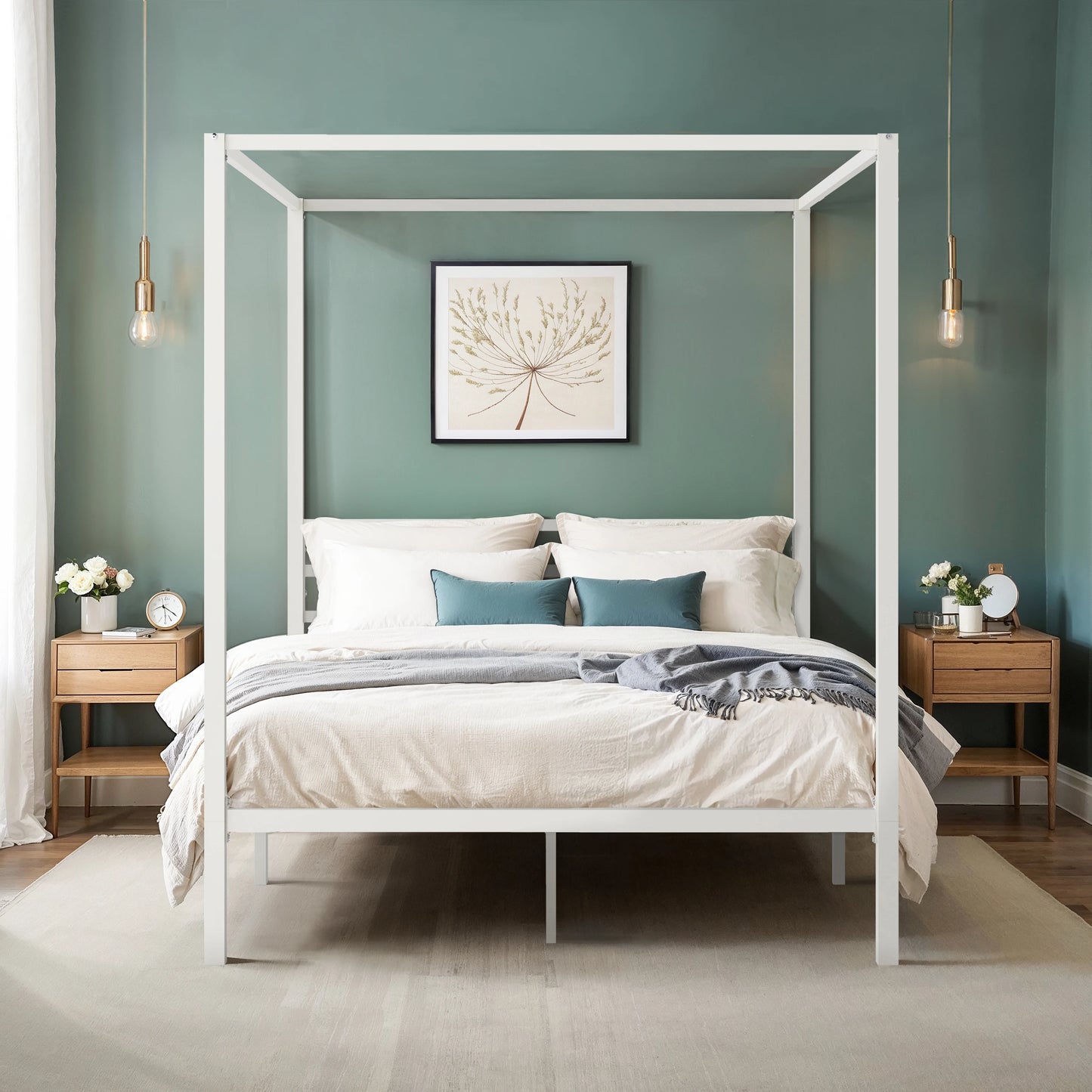 HOOMIC Canopy Bed Frame, Enhanced 4-Poster, 3-Metal Crossbar, No Box Spring Needed, Easy Assembly