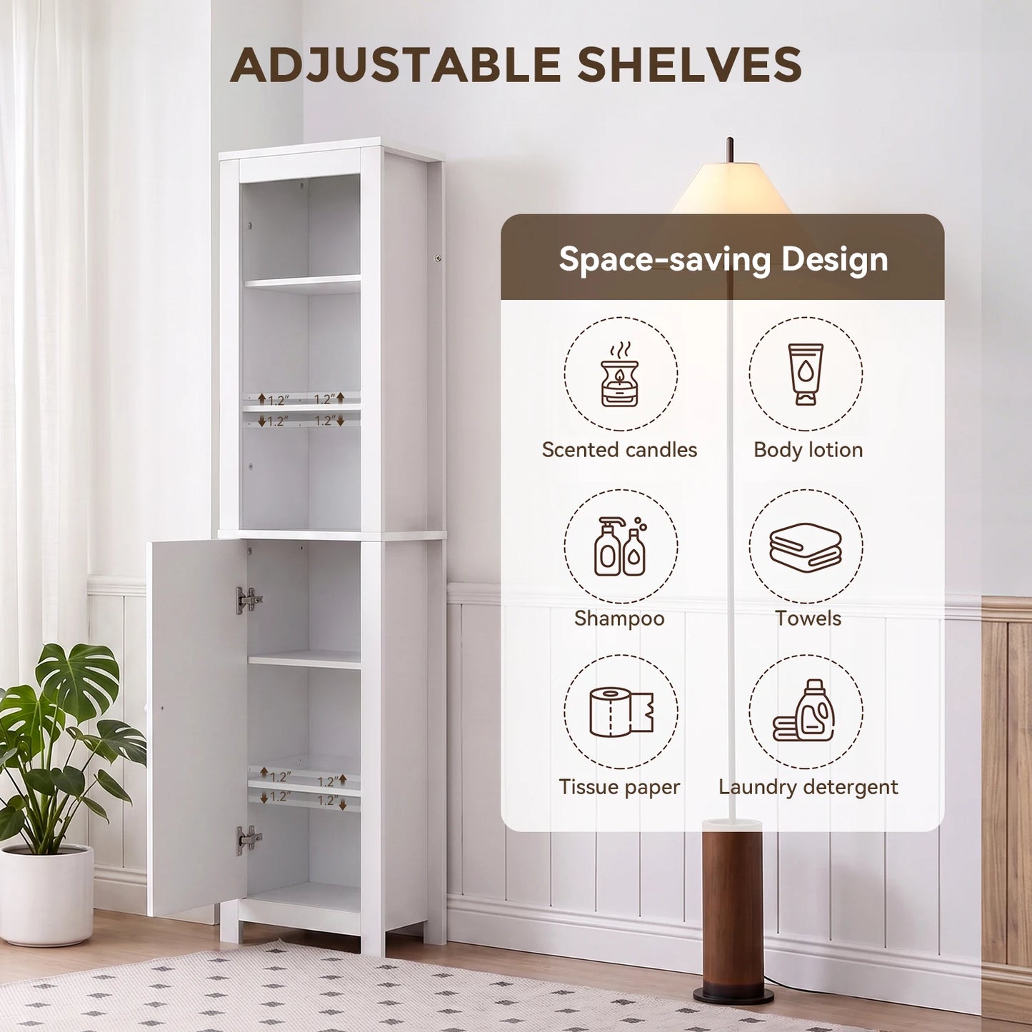TinyNest Bathroom Storage Cabinet, 66.1 inch Tall Wood Floor Narrow Cabinet with Adjustable Shelves & Doors & Anti-Tip Design, Freestanding Toilet Closet Organizer for Bedroom, Living Room, Entryway, Kitchen