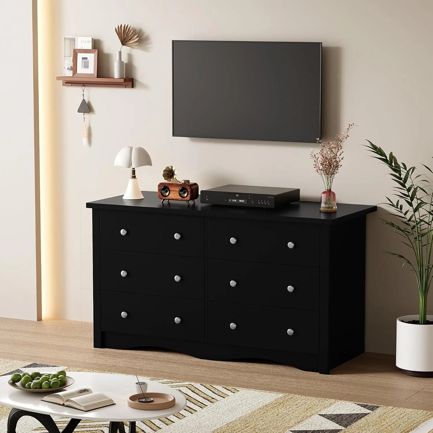 Black 6 Drawer Dresser Modern Wood Chest for Bedroom Living Room Closet Hallway