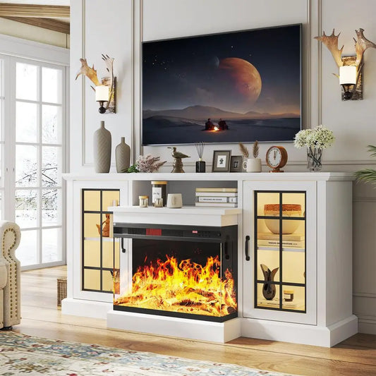 59 Fireplace TV Stand, 3 Sided Glass Media Entertainment Center Console Table for TVs up to 65 with Glass Door Adjustable Flame