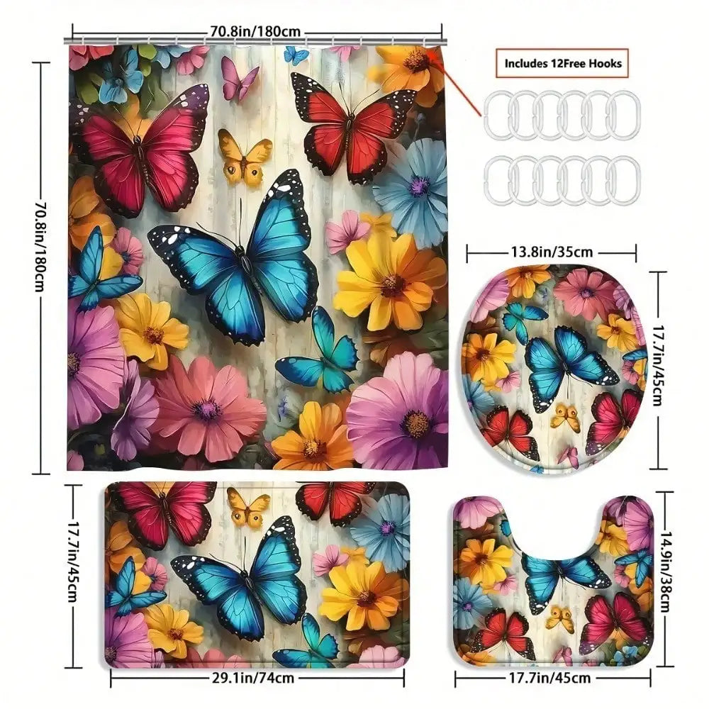 4pcs/1pc Colorful spring butterfly flower machine washable shower curtain set with anti slip blanket and U-shaped toilet pad