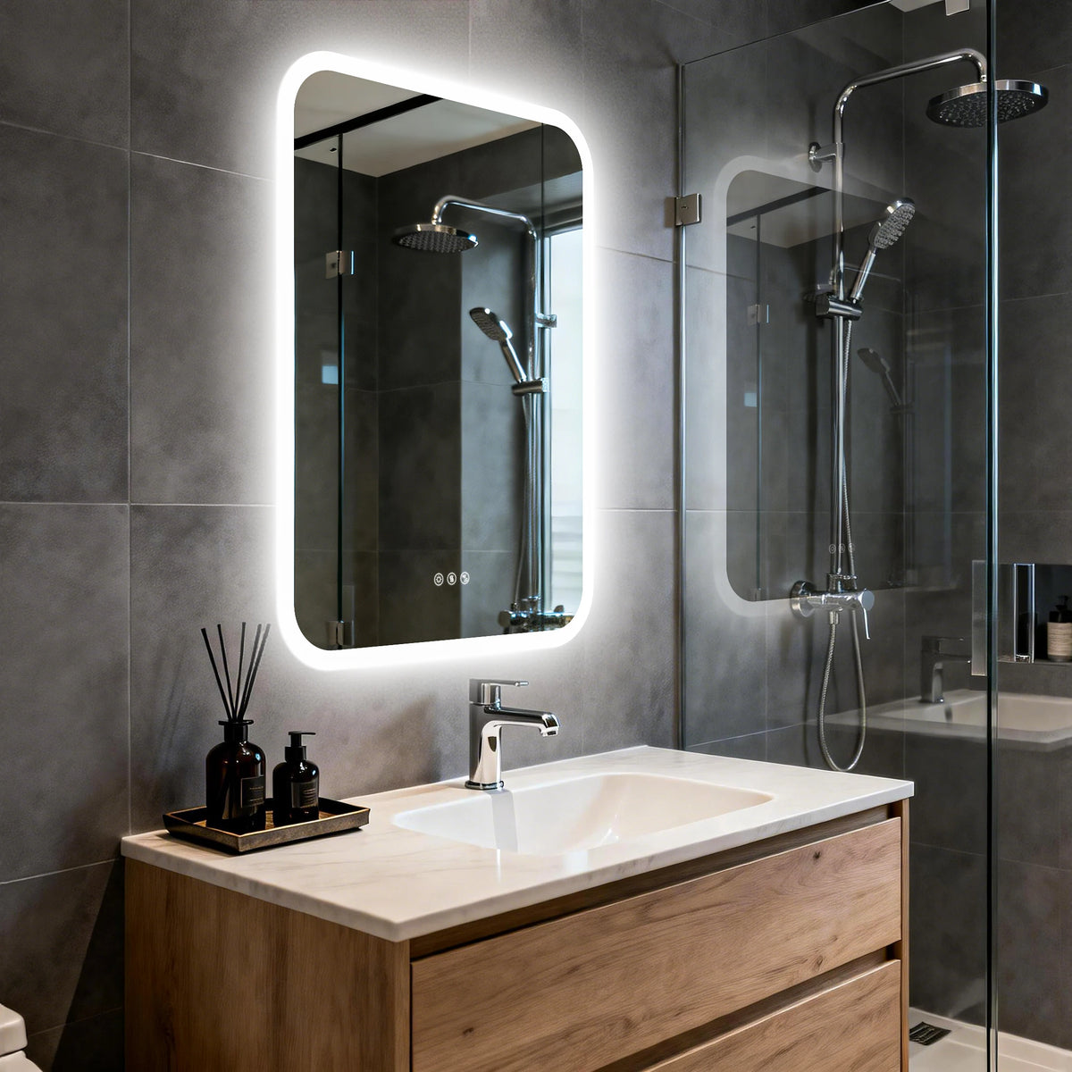 Smart LED Bathroom Mirror with Bluetooth Speakers Rectangle Illuminated Vanity Mirror Dimmable 3 Colors Anti Fog Touch Control Wall Mount