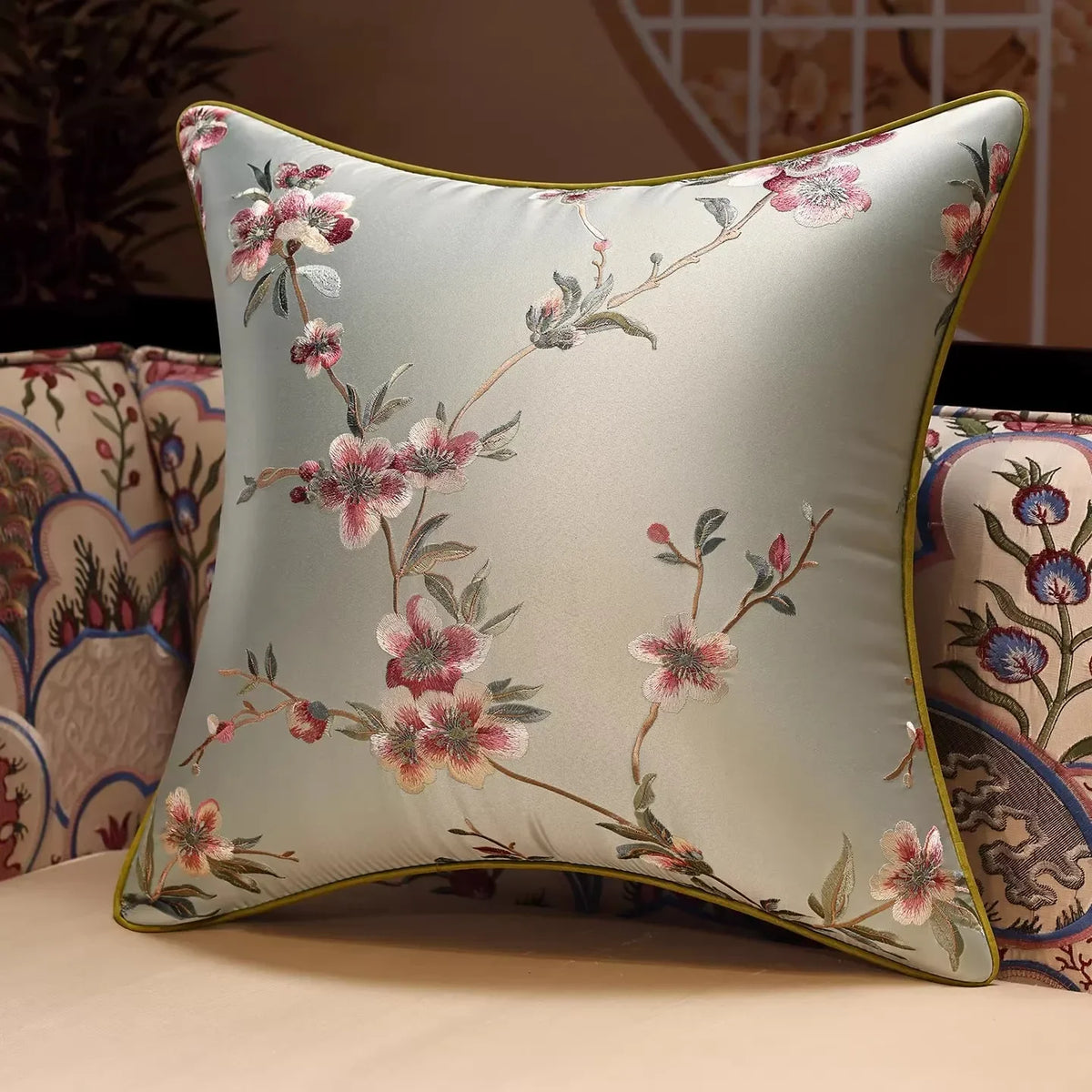 New Chinese Style Embroidered Bird Cushion Cover Living Room Sofa Waist Pillow Luxurious Classical Bed Head Silk Pillowcase