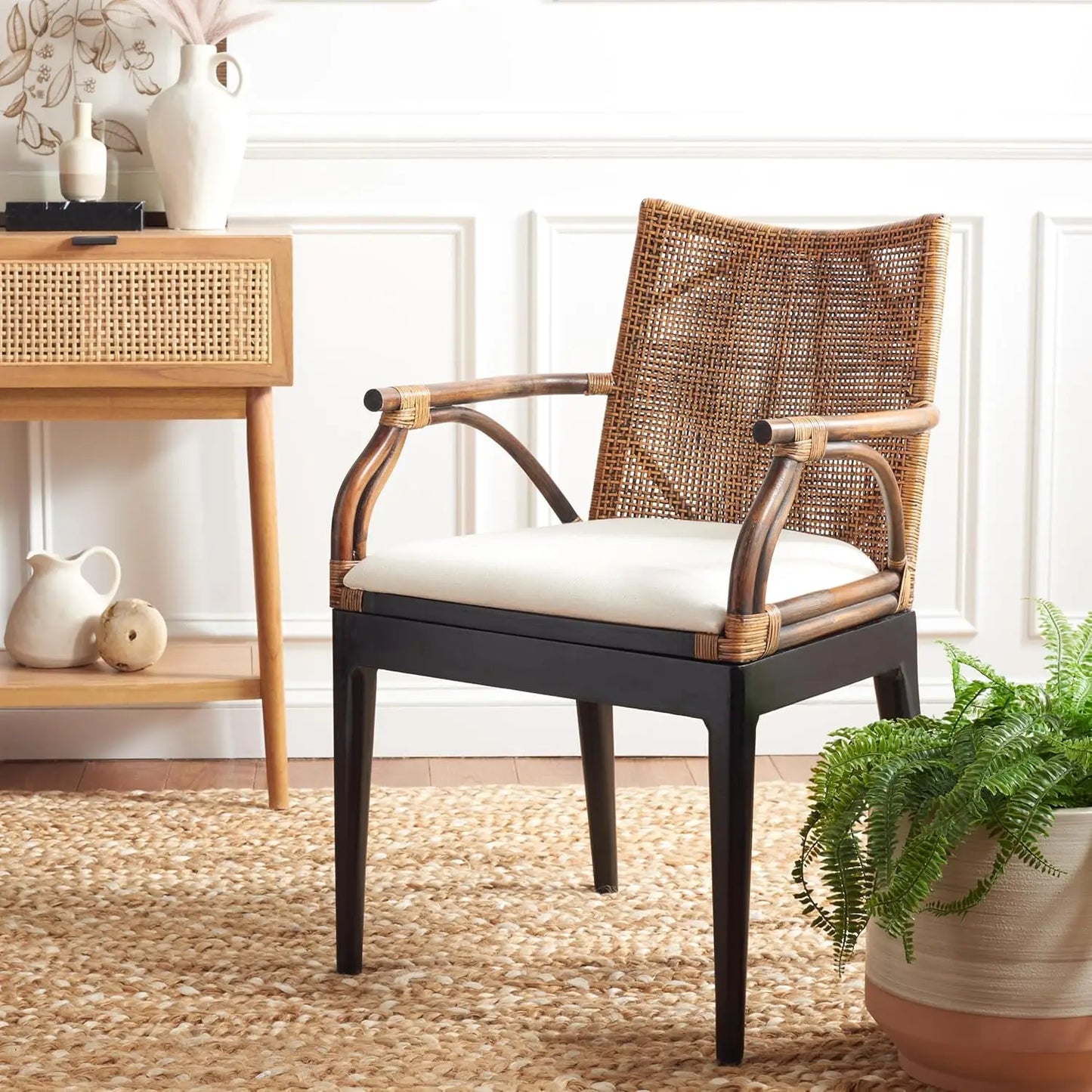 Home Collection - Gianni Brown & Black Solid Wood Rattan Arm Chair, Tropical Coastal Accent Seating for Living Room, Customized
