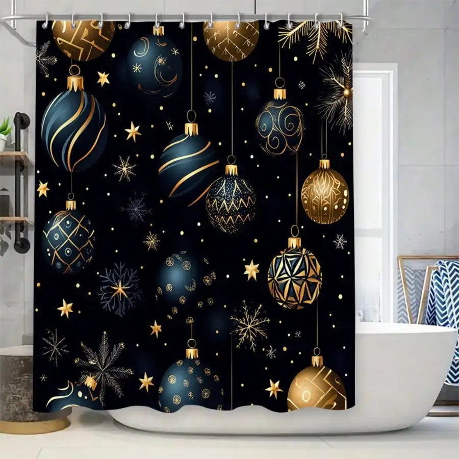 1/4Pcs Xmas Shower Curtain Set Black Gold Christmas Ball Snowflake Print Bathroom Accessory Set Non Slip Mat Toilet Cover Machine Washable