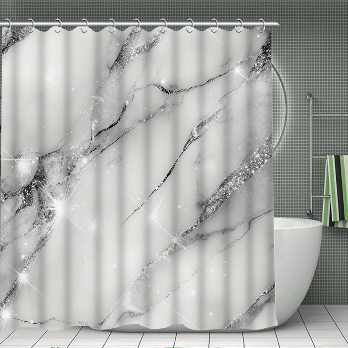 4Pcs Sparkle Grey Marble Shower Curtain Set with Hooks, Modern Shiny Glitter Print Waterproof Mildew Resistant Fabric Bath Mat for Family Bathroom Home Decor