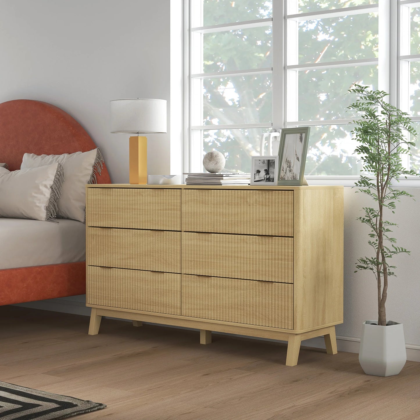 Fluted Dresser for Bedroom with 6 Drawers, 54" Wide Chest of Drawers with Gold Finger Pulls and 5 Wood Legs, Natural Wood