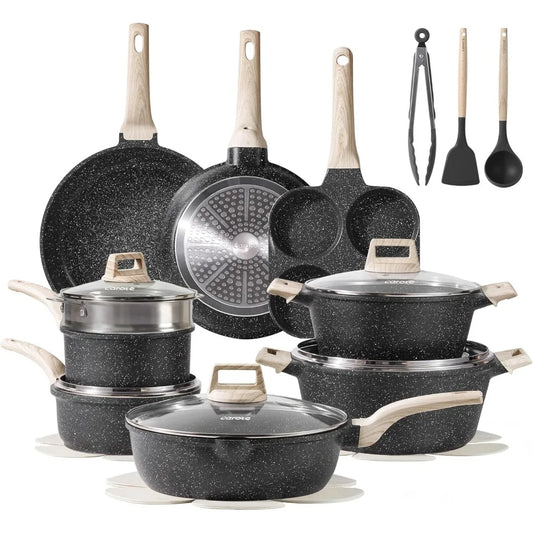 US Shipping 21 Pcs Nonstick Pots and Pans Set Black Granite Cookware Induction Kitchen Cooking Set with Frying Pans Saucepans