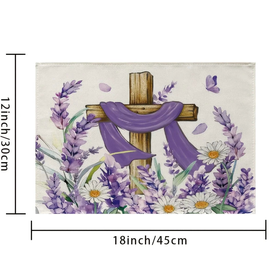 4pcs, Placemats, Easter Religious Cross Flower Pattern Table Mats Set, Spring Summer Lavender Daisy Floral Faith Christian Dining