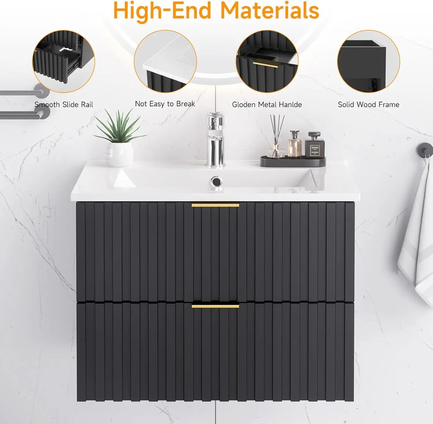 Bathroom Vanity with Sink, Wall Mounted Fluted Cabinet with 2 Golden Metal Handle Drawers, Floating Bathroom Cabinet(Black, 24")