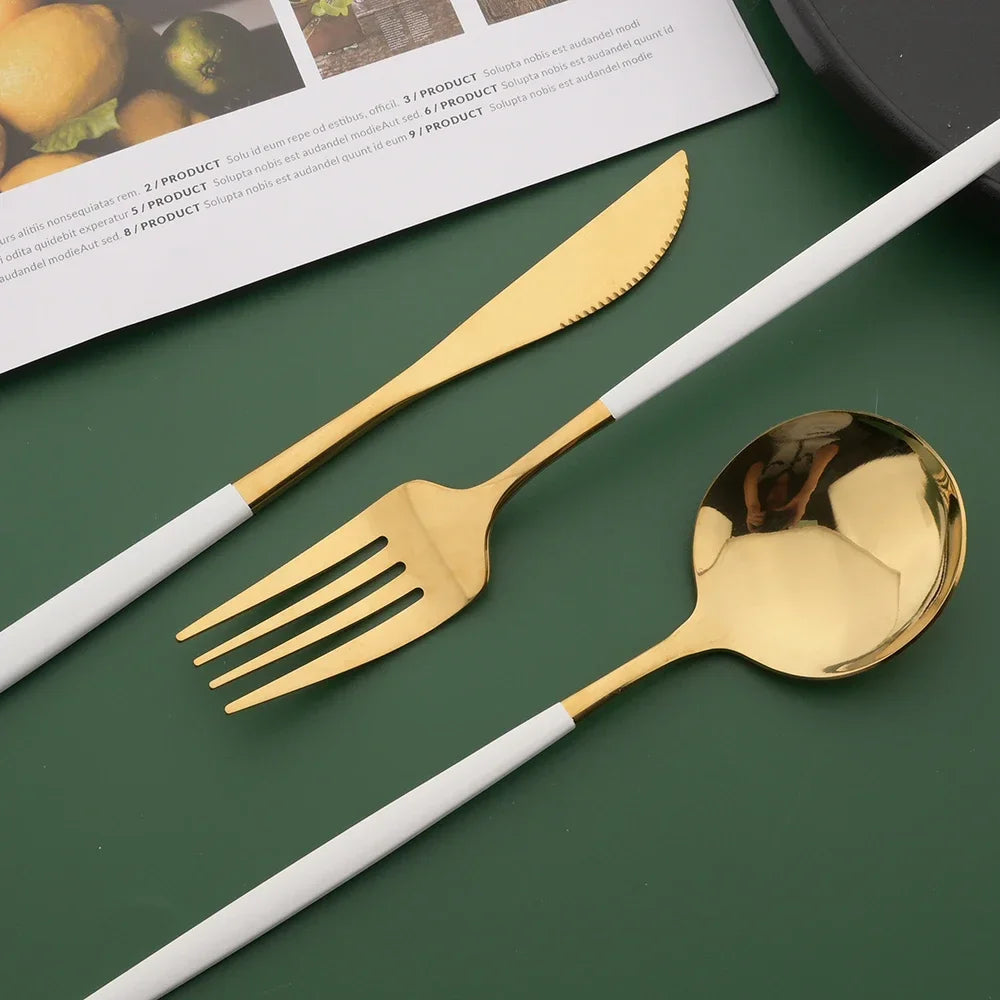 16/24/32/48Pcs Dinnerware Set White Gold Dinner Cutlery Set Stainless Steel Flatware Fork Kitchen Knife Fork Spoon Tableware Set