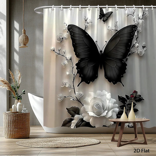 2D Flat Butterfly Floral Shower Curtain Rose Bathroom Decor Polyester with Hook