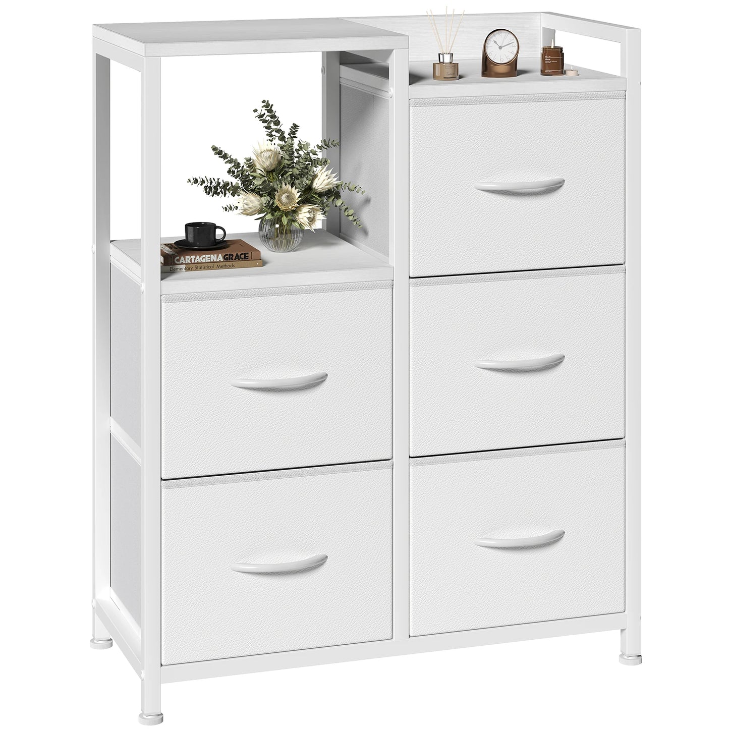 JHK  5 Fabric Drawer Chest with Raised Shelf Metal Frame TV Stands for Bedroom Storage Tower with Bins for Closet Organization Hallway Storage for Home