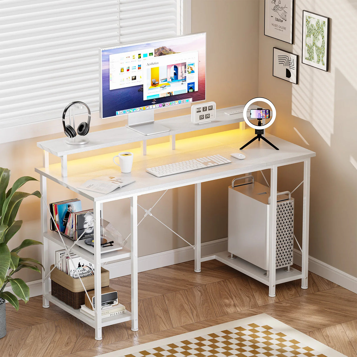 JHK 48 Inch Computer Desk with with Shelves Storage Drawers Office Wood Table with LED Lights Power Outlets Gaming Desk