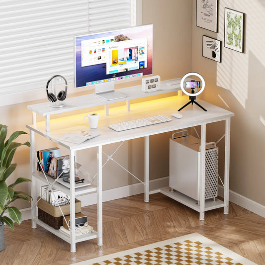 JHK 48 Inch Computer Desk with with Shelves Storage Drawers Office Wood Table with LED Lights Power Outlets Gaming Desk