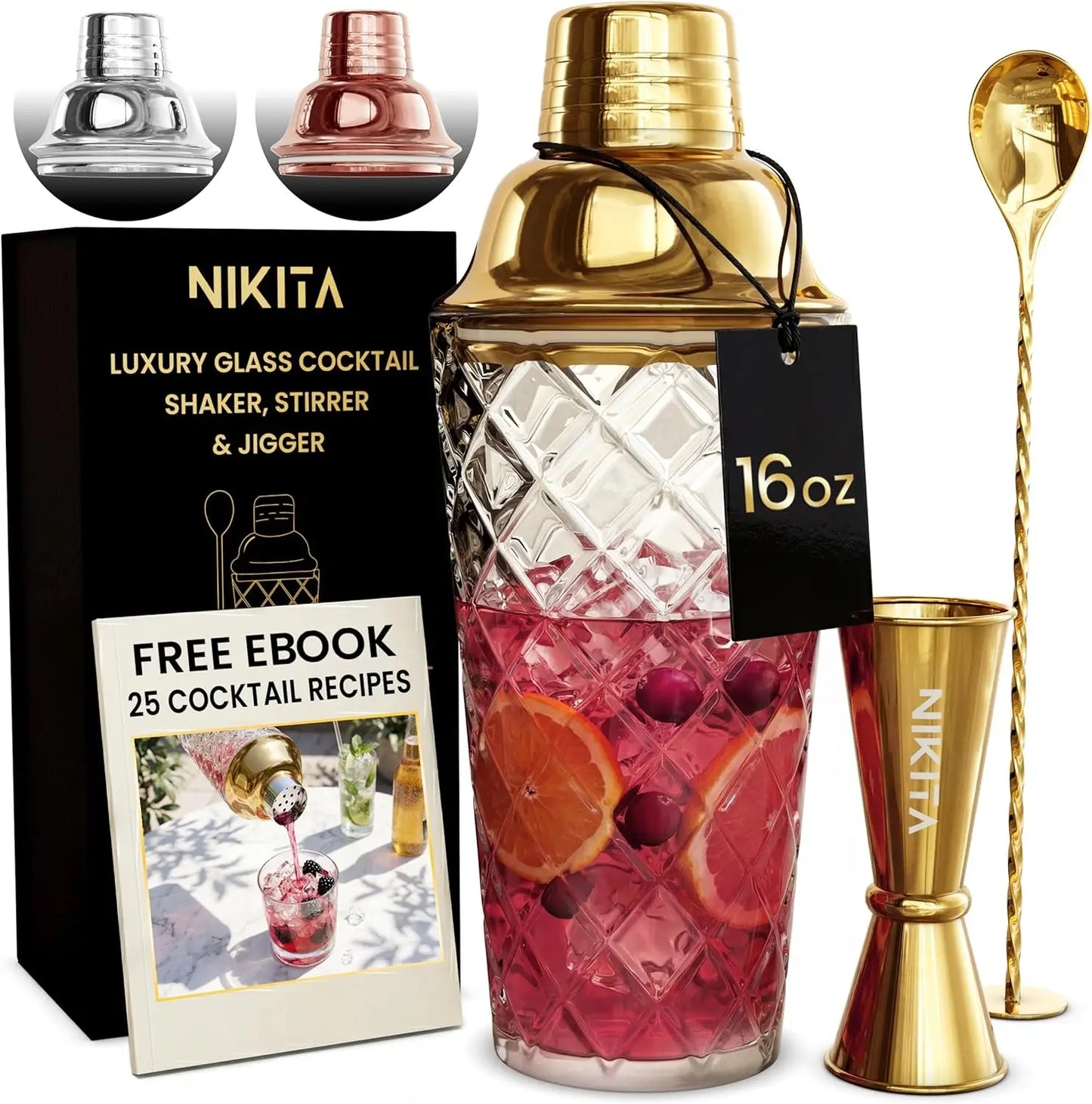 5-Piece Martini Cocktail Shaker Set with Strainer, Jigger, Spoon & Muddler - 16oz Drink Mixer for Professional Bartending