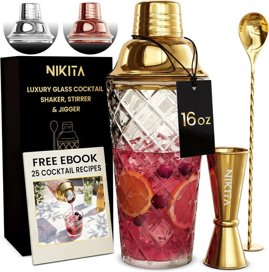 5-Piece Martini Cocktail Shaker Set with Strainer, Jigger, Spoon & Muddler - 16oz Drink Mixer for Professional Bartending