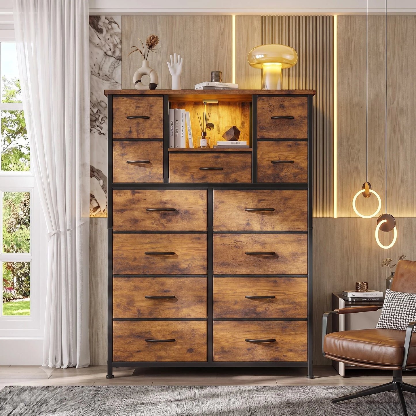 EnHomee 47" Fabric Dresser with LED Accent Lights & Built‑In Charging Hub – 13 Drawers + Open Shelves – Versatile Organizer for Bedroom, Entryway, and Hallway Use