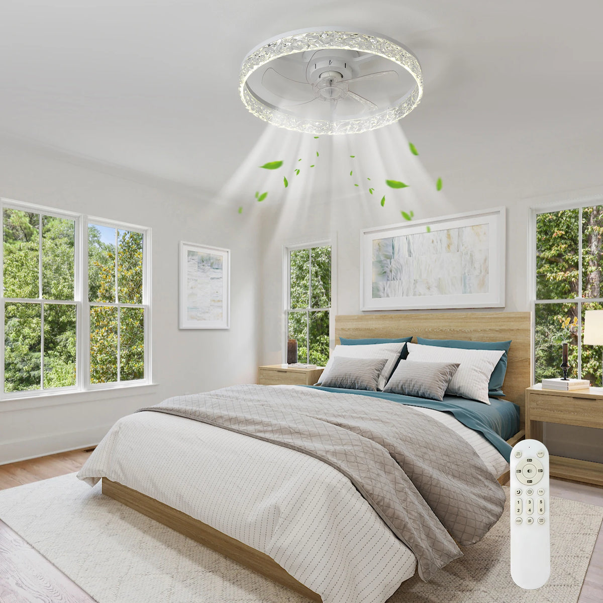 Ceiling Fans With Lights And Remote: 19.7" Modern Low Profile Flush Mount LED Ceiling Fan For Bedroom Crystal Bladeless Fandelier For Living Room Kitchen Dimmable DC Motor