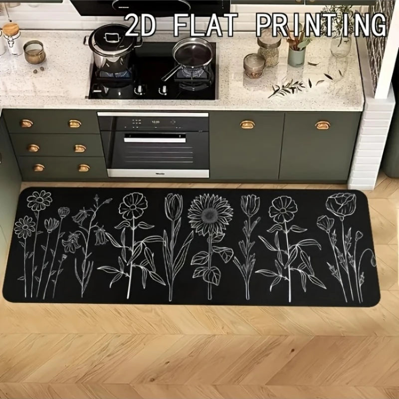 Simple Black White Line Art Wildflower Sunflower Runner Rug, Non-Slip Kitchen Rug for Kitchen, Living Room, Bathroom