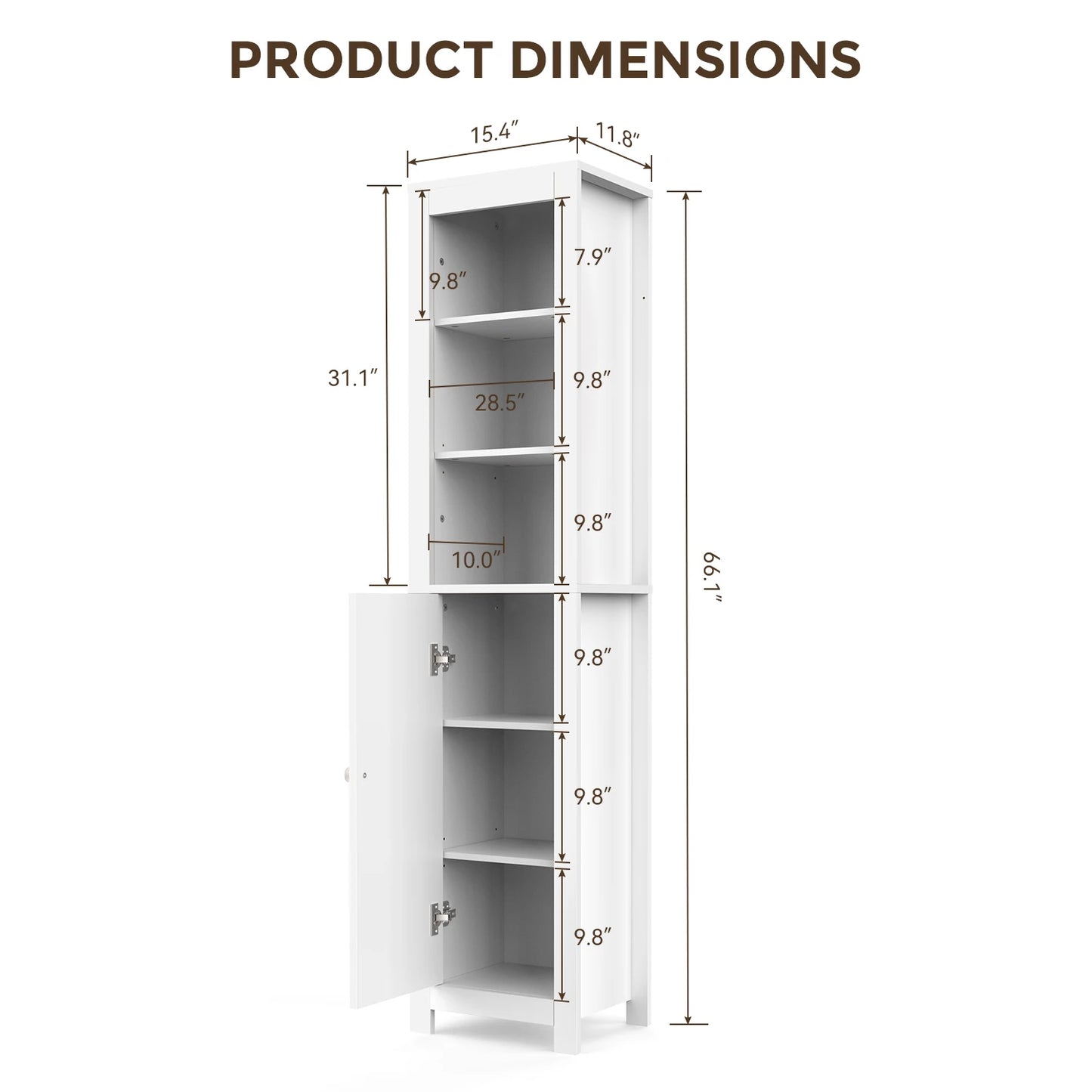 TinyNest Bathroom Storage Cabinet, 66.1 inch Tall Wood Floor Narrow Cabinet with Adjustable Shelves & Doors & Anti-Tip Design, Freestanding Toilet Closet Organizer for Bedroom, Living Room, Entryway, Kitchen