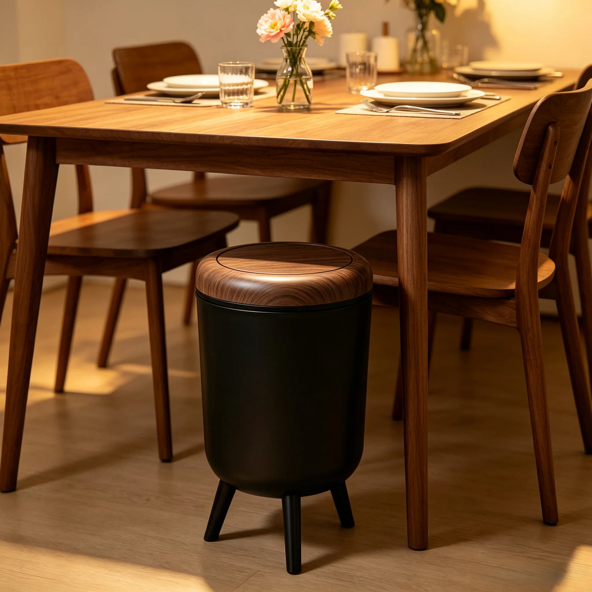 Tall Press‑Open Lidded Waste Bin with Tripod Stand, Wood‑Grain Lid Decorative Waste Container, Large‑Capacity Floor Trash Can for Home Kitchen Living Room