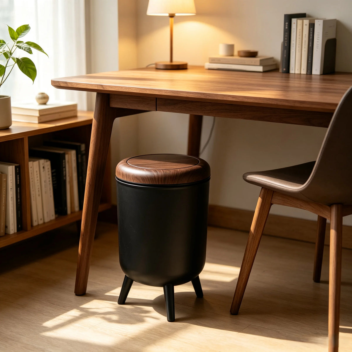 Tall Press‑Open Lidded Waste Bin with Tripod Stand, Wood‑Grain Lid Decorative Waste Container, Large‑Capacity Floor Trash Can for Home Kitchen Living Room
