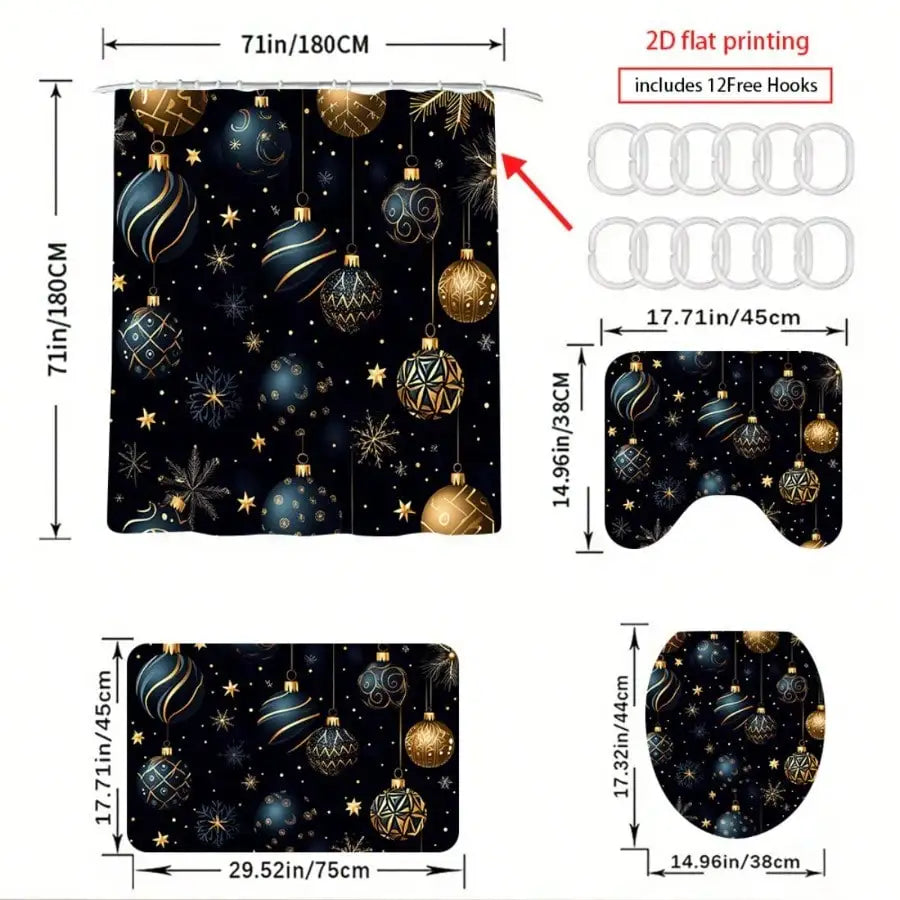 1/4Pcs Xmas Shower Curtain Set Black Gold Christmas Ball Snowflake Print Bathroom Accessory Set Non Slip Mat Toilet Cover Machine Washable