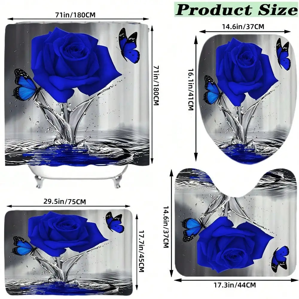 1/4pcs Water Blue Rose Butterfly Pattern Shower Curtain Set, Shower Curtain With 12 Hooks, Non-slip Bathroom Carpet