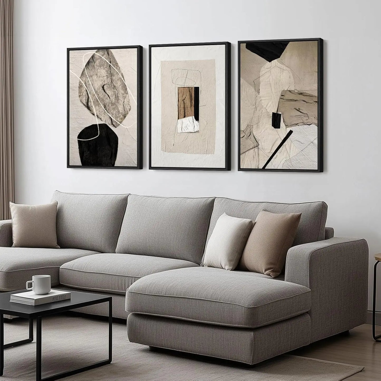 Set of 3 Modern Abstract Canvas Prints in Black and Beige, Neutral Wall Art for Living Room, Bedroom, Office Decor 16x24 Inch