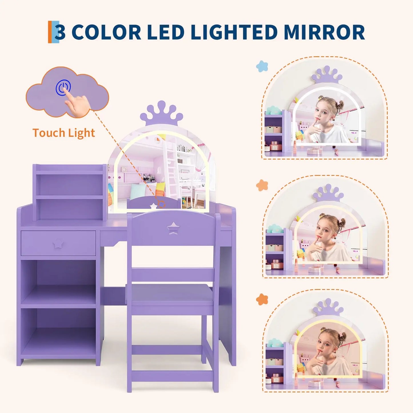 LED Crown Mirror Kids Vanity Table & Chair Set - Storage Cabinet, Open Bookshelf, Drawer, 2-in-1 Princess Makeup Desk, Easy Assembly, Bedroom or Playroom Furniture