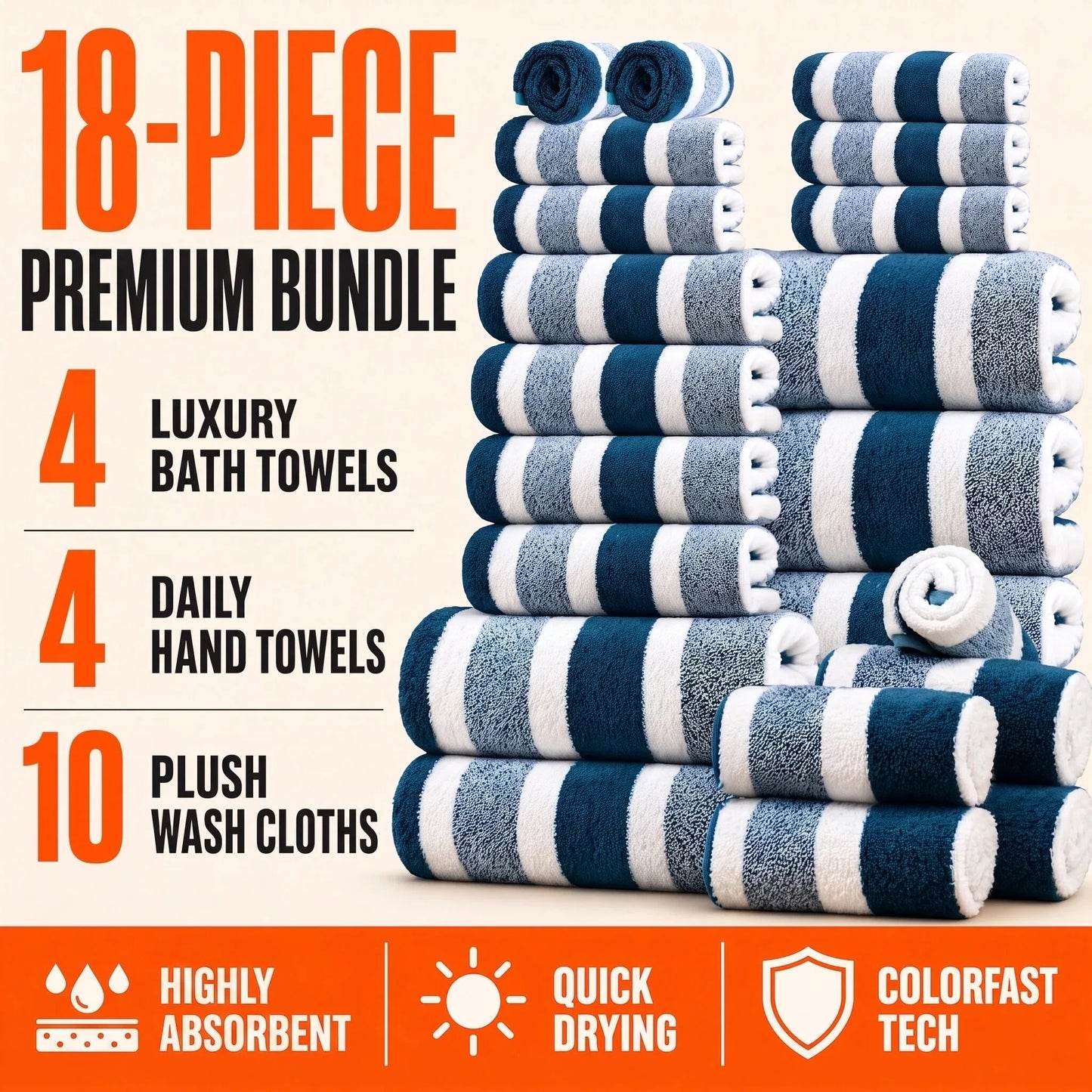 18pcs Luxury Bath Towels Set - Quick-Dry Highly Absorbent Plush Soft Coral Fleece-like Texture, Multi-Size Family Bathroom Towels with Hanging Loops (30x30cm, 70x140cm) for Home, Hotel & Spa - Navy & Striped Design, Durable &