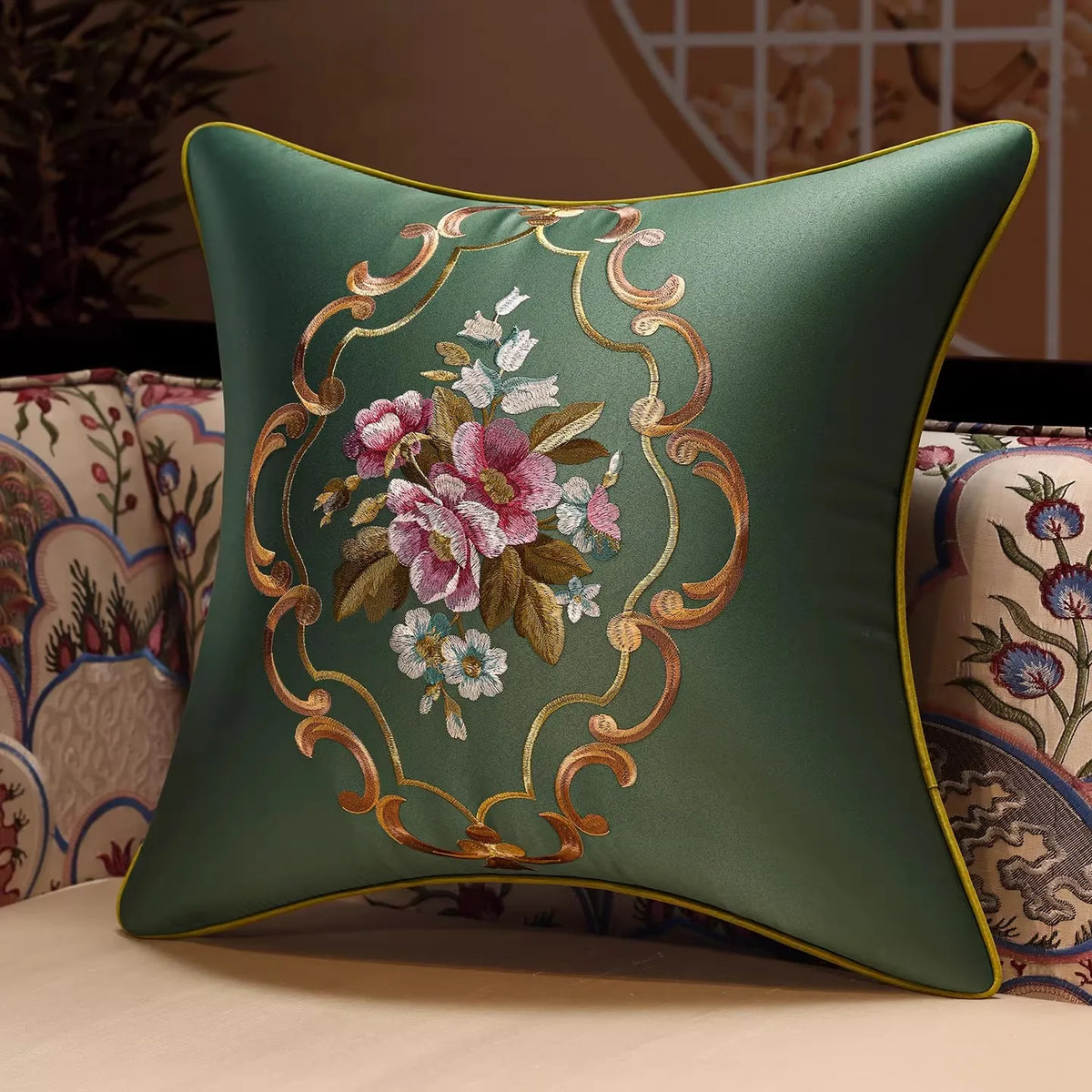 New Chinese Style Embroidered Bird Cushion Cover Living Room Sofa Waist Pillow Luxurious Classical Bed Head Silk Pillowcase