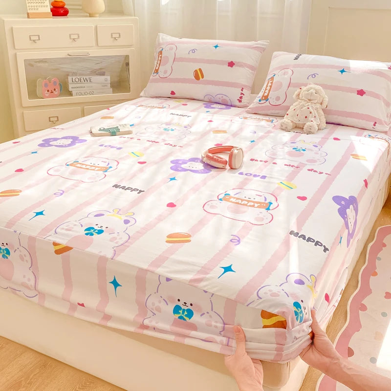 2025 New Bed Hat Print Cartoon Water Clouds Cotton Bedspread Student Mattress Cover Skin Friendly Full Wrap with Elastic Sheet