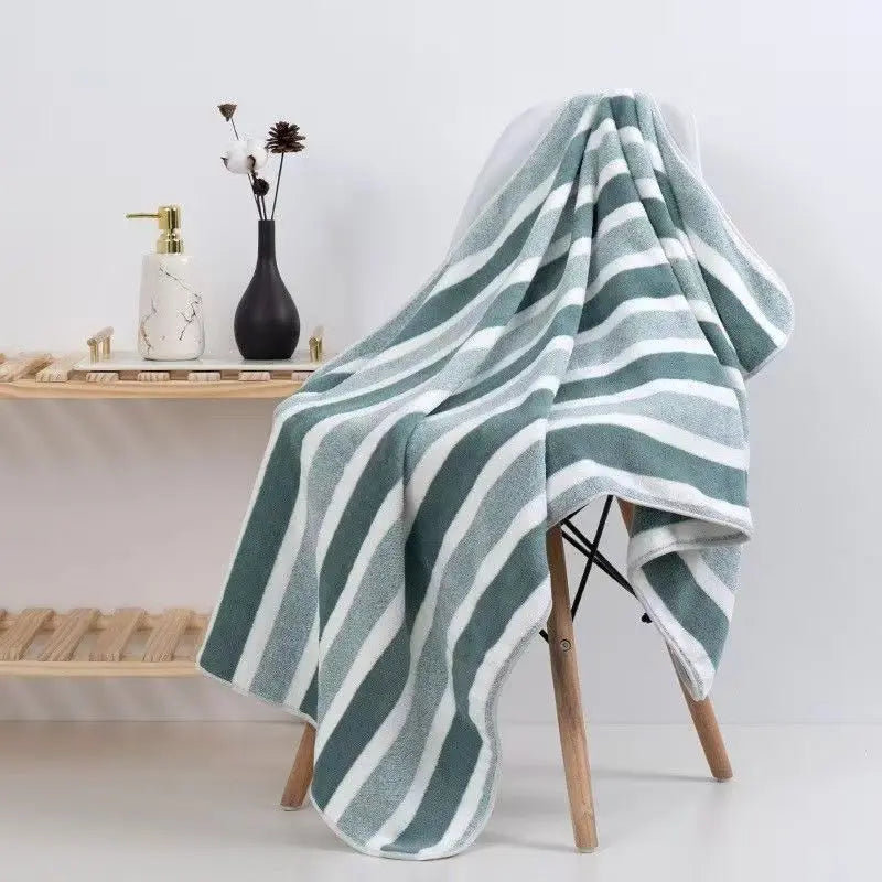 Blue White Striped Large Microfiber Bath Towel Set, Super Absorbent Quick Dry Soft Beach Towel, Oversized Striped Shower Towel F