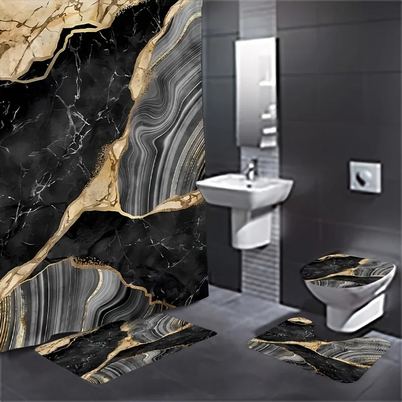 1or4 Piece Black Marble Shower Curtain Set - Modern Abstract Texture Bathroom Decor - Washable Fabric Curtain - Rugs and Cover